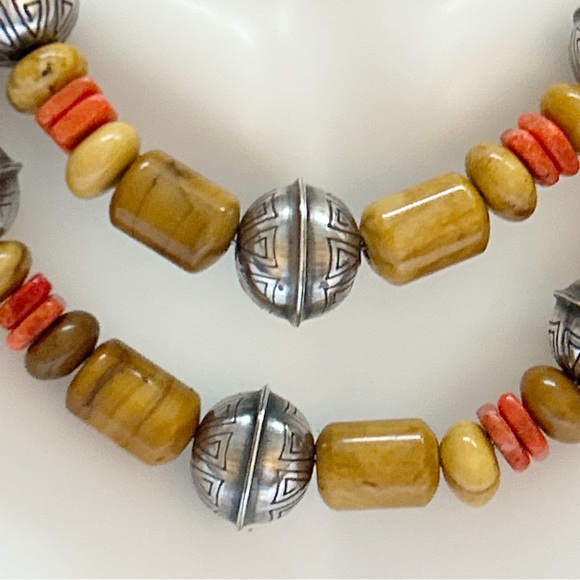 Vintage Running Bear Jasper Wood Red Coral Sterling Silver Bead Necklace - Picture 10 of 12
